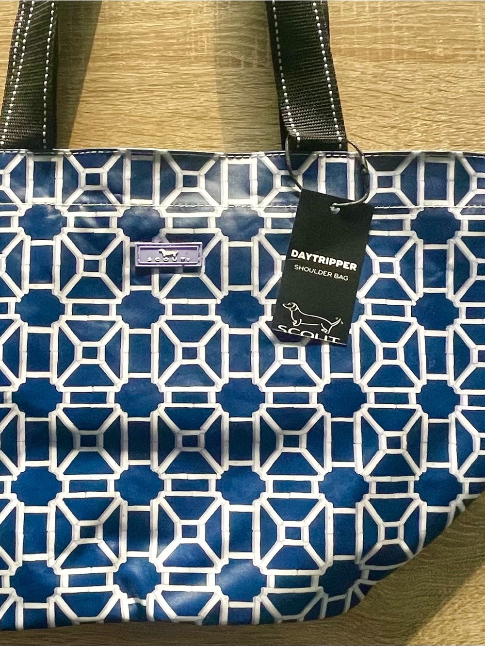 Scout Blue Geometric Tote with White Lattice Pattern